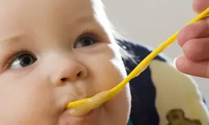 Ein Baby wird mit einem gelben Löffel gefüttert. Der Brei ist warm, perfekt zum babybrei warm halten.