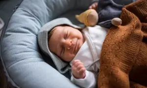 Ein friedlich schlafendes Baby, etwa 12. Woche alt, in einem Nestchen mit Kuscheltieren und einer Decke.