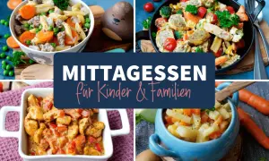 Vier leckere Ideen, was koche ich heute Kinder: Nudelpfanne, Hähnchencurry, Wurst-Gemüse-Pfanne und Kartoffel-Karotten-Eintopf.