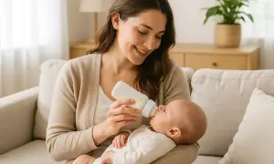 Eine lächelnde Mutter füttert ihr Baby mit einer Flasche. Die Vorteile von Flaschennahrung sind vielfältig, sie bietet Flexibilität und ermöglicht anderen Bezugspersonen die Fütterung.