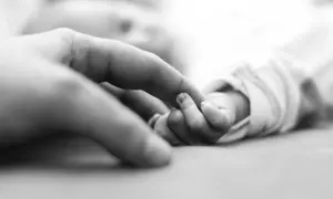 Ein Erwachsenenfinger berührt die winzige Hand eines Babys, das den Greifreflex zeigt.