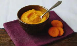 Ein Schälchen mit orangefarbenem Babybrei, daneben Karottenscheiben. Perfekt für den ersten Fisch Babybrei.