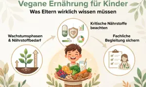 Ein lächelnder Junge hält eine Schüssel mit Obst und Gemüse. Die Grafik erklärt die vegane Ernährung für Kinder, betont kritische Nährstoffe und fachliche Begleitung für einen gesunden vegan baby.