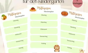 Speiseplan für den Kindergarten: gesunde Mittagsmahlzeiten für jeden Tag der Woche, illustriert mit niedlichen Tieren.