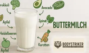 Ein Glas Buttermilch, umgeben von Illustrationen gesunder Lebensmittel wie Brokkoli, Apfel und Karotten. Ideal für ein Kleinkind.