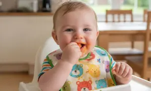 Ein 1-jähriges Kind mit Lätzchen isst Karottenstücke, obwohl es lieber gestillt wird.
