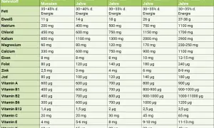Übersicht der Nährstoffempfehlungen für verschiedene Altersgruppen. Diese mineralstoffe liste zeigt Mengen von Fett bis Vitamin K.