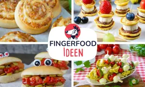 Leckere Ideen für schnell Fingerfood Kinder: Mini-Hotdogs mit lustigen Augen, süße Pfannkuchen-Spieße und Käseschnecken.