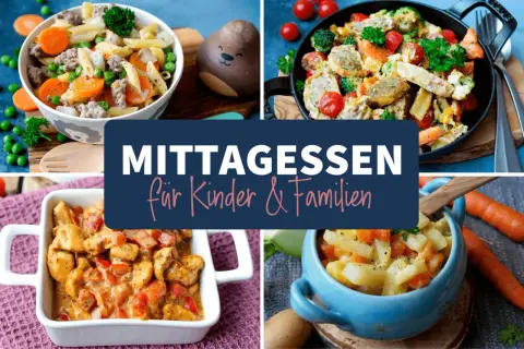Vier leckere Ideen, was koche ich heute Kinder: Nudelpfanne, Hähnchencurry, Wurst-Gemüse-Pfanne und Kartoffel-Karotten-Eintopf.
