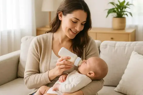 Eine lächelnde Mutter füttert ihr Baby mit einer Flasche. Die Vorteile von Flaschennahrung sind vielfältig, sie bietet Flexibilität und ermöglicht anderen Bezugspersonen die Fütterung.