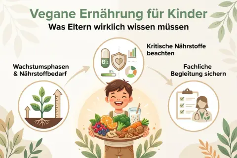 Ein lächelnder Junge hält eine Schüssel mit Obst und Gemüse. Die Grafik erklärt die vegane Ernährung für Kinder, betont kritische Nährstoffe und fachliche Begleitung für einen gesunden vegan baby.