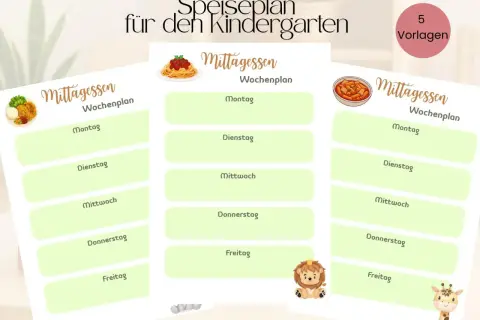 Speiseplan für den Kindergarten: gesunde Mittagsmahlzeiten für jeden Tag der Woche, illustriert mit niedlichen Tieren.