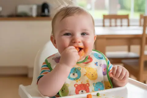 Ein 1-jähriges Kind mit Lätzchen isst Karottenstücke, obwohl es lieber gestillt wird.