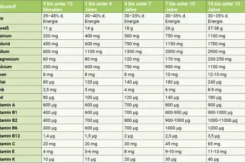 Übersicht der Nährstoffempfehlungen für verschiedene Altersgruppen. Diese mineralstoffe liste zeigt Mengen von Fett bis Vitamin K.