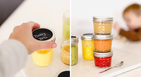 Babybrei einkochen: Gläser mit selbstgemachtem Babybrei in verschiedenen Farben, bereit zur Lagerung. Ein Kind krabbelt im Hintergrund.