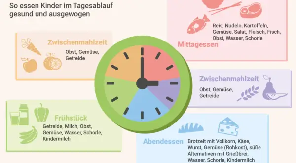 Die Mahlzeiten-Uhr zeigt, wie Kinder gesund essen: Frühstück, Mittagessen, Zwischenmahlzeiten und Abendessen mit Obst, Gemüse und Getreide für gesunde Ernährung.