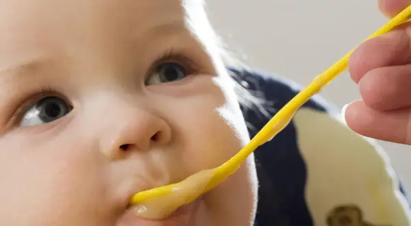Ein Baby wird mit einem gelben Löffel gefüttert. Der Brei ist warm, perfekt zum babybrei warm halten.