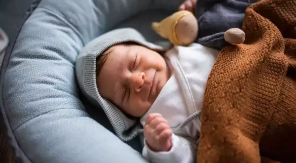 Ein friedlich schlafendes Baby, etwa 12. Woche alt, in einem Nestchen mit Kuscheltieren und einer Decke.