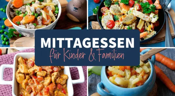 Vier leckere Ideen, was koche ich heute Kinder: Nudelpfanne, Hähnchencurry, Wurst-Gemüse-Pfanne und Kartoffel-Karotten-Eintopf.
