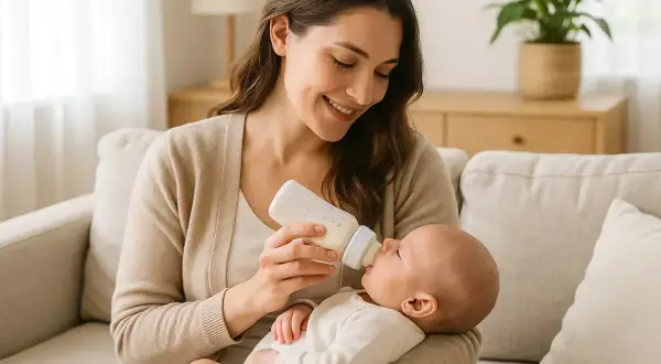 Eine lächelnde Mutter füttert ihr Baby mit einer Flasche. Die Vorteile von Flaschennahrung sind vielfältig, sie bietet Flexibilität und ermöglicht anderen Bezugspersonen die Fütterung.