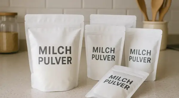 Mehrere weiße Beutel mit der Aufschrift "MILCH PULVER" stehen auf einer Arbeitsplatte. Perfekt für die einfache milchpulver zubereitung.