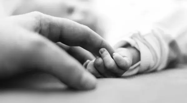 Ein Erwachsenenfinger berührt die winzige Hand eines Babys, das den Greifreflex zeigt.