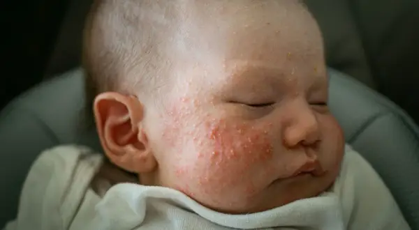 Schlafendes Baby mit geröteten Pusteln im Gesicht. Die Frage "babyakne wie lange" beschäftigt viele Eltern.