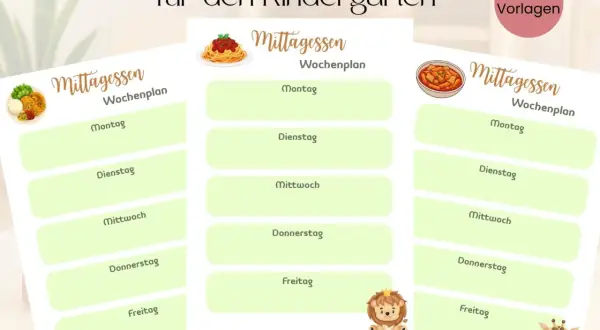 Speiseplan für den Kindergarten: gesunde Mittagsmahlzeiten für jeden Tag der Woche, illustriert mit niedlichen Tieren.