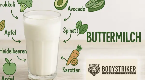 Ein Glas Buttermilch, umgeben von Illustrationen gesunder Lebensmittel wie Brokkoli, Apfel und Karotten. Ideal für ein Kleinkind.