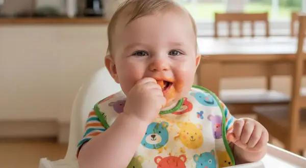 Ein 1-jähriges Kind mit Lätzchen isst Karottenstücke, obwohl es lieber gestillt wird.