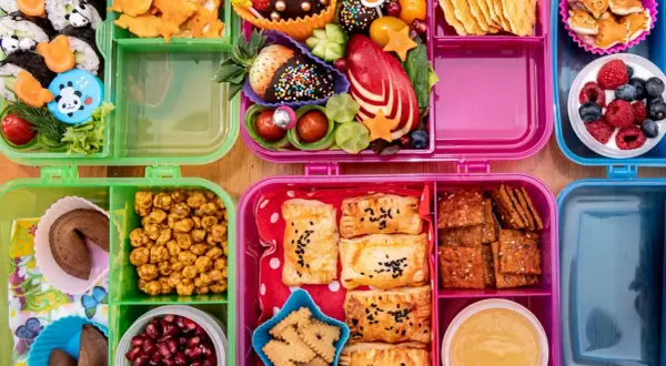 Bunte Bento-Boxen voller leckerer Snacks für die Autofahrt: Sushi, Obst, Kekse und Gebäck.