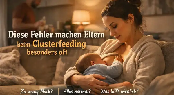 Eine Mutter stillt ihr Baby, das an ihrer Brust trinkt. Im Hintergrund ist ein Mann zu sehen. Der Text thematisiert häufige Fehler beim Clusterfeeding.