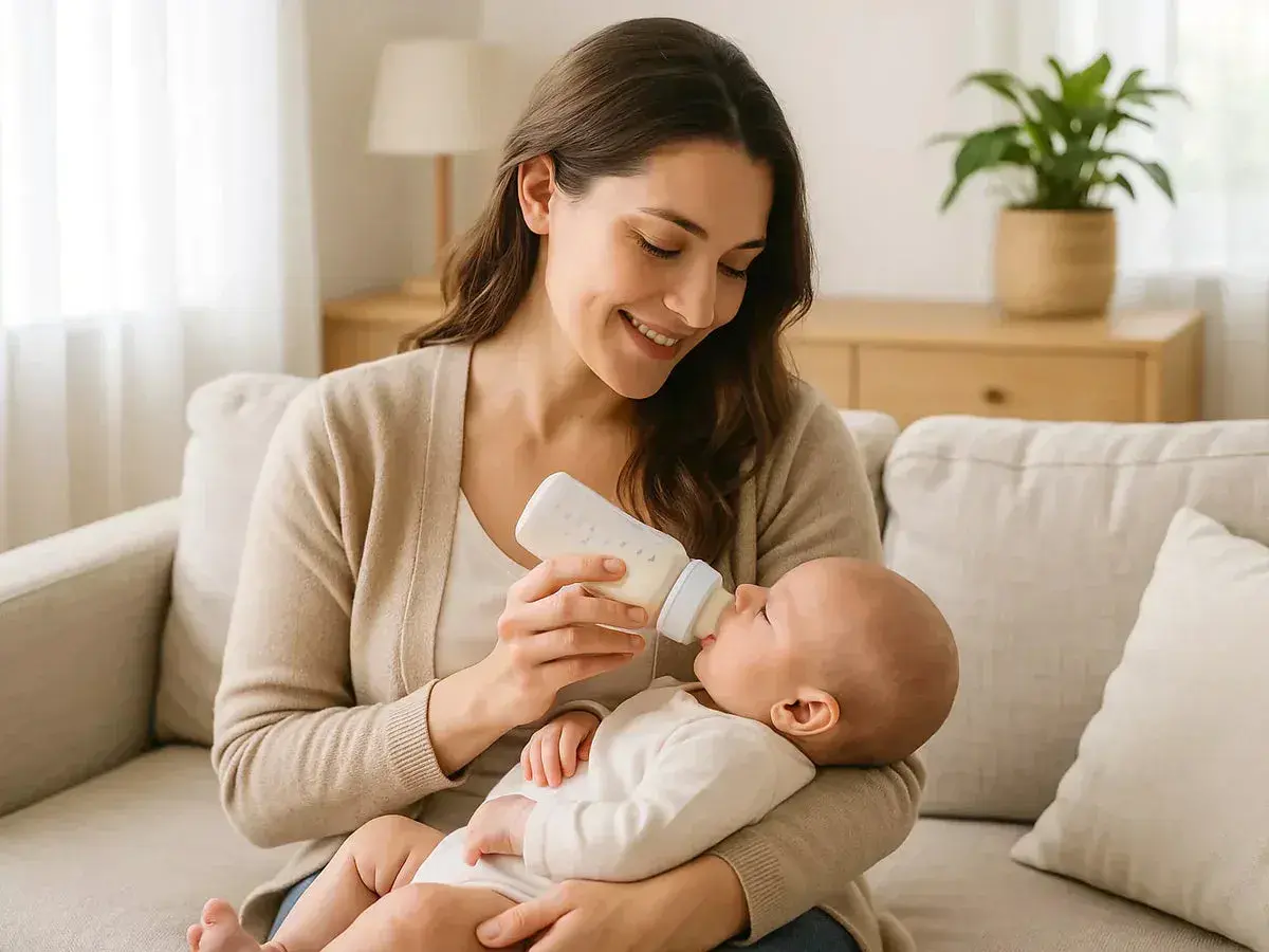 Eine lächelnde Mutter füttert ihr Baby mit einer Flasche. Die Vorteile von Flaschennahrung sind vielfältig, sie bietet Flexibilität und ermöglicht anderen Bezugspersonen die Fütterung.