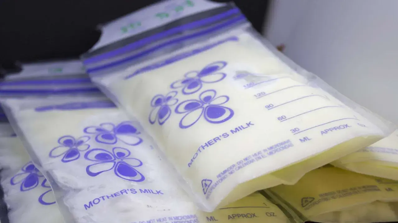 Mehrere Beutel mit Muttermilch zum Einfrieren, beschriftet mit "MOTHER'S MILK" und ml-Angaben.