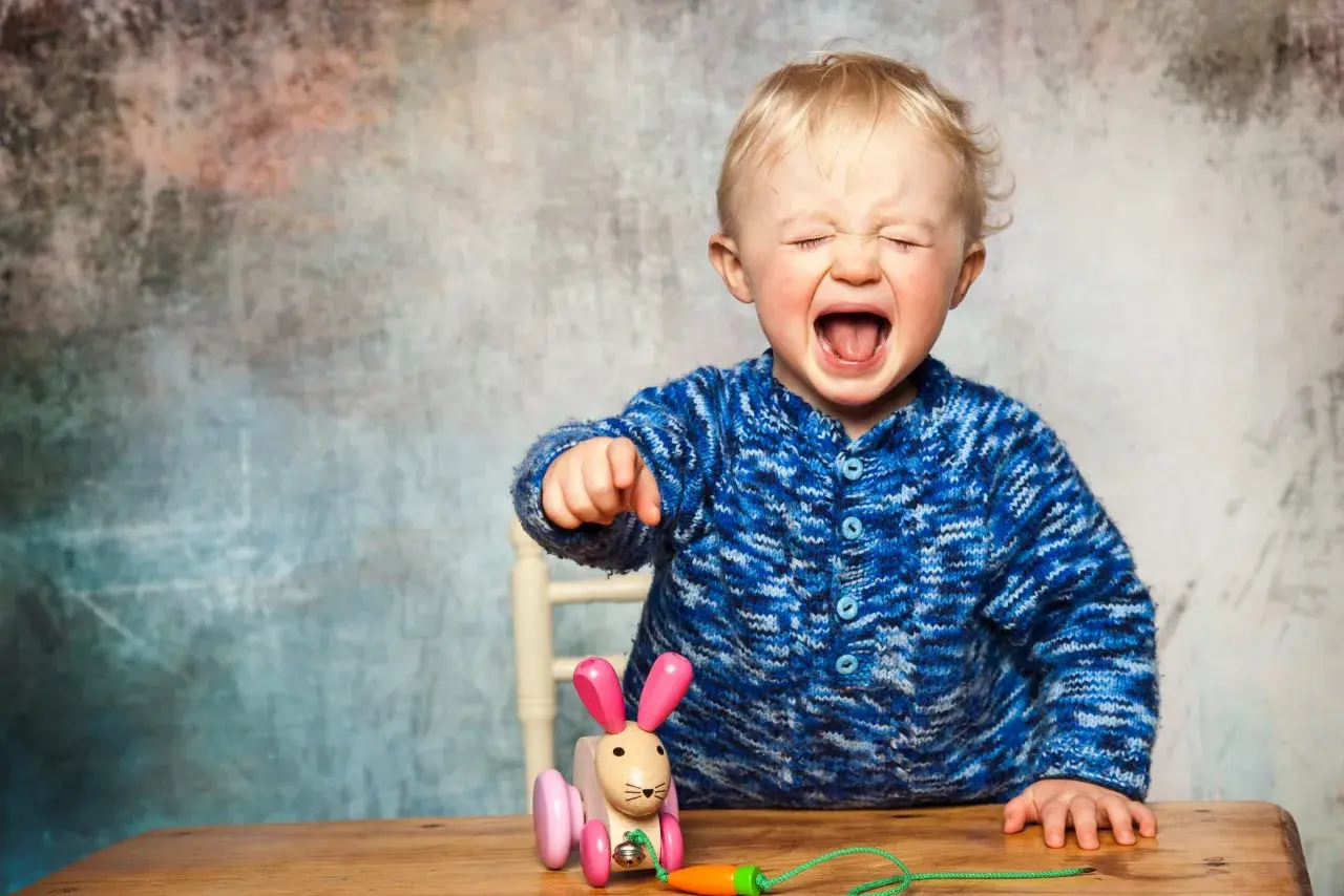 Ein Baby mit blonden Haaren schreit laut auf, die Augen geschlossen. Es trägt einen blauen Strickpullover und sitzt vor einem Spielzeug-Häschen. Ein kleiner affektkrampf baby.