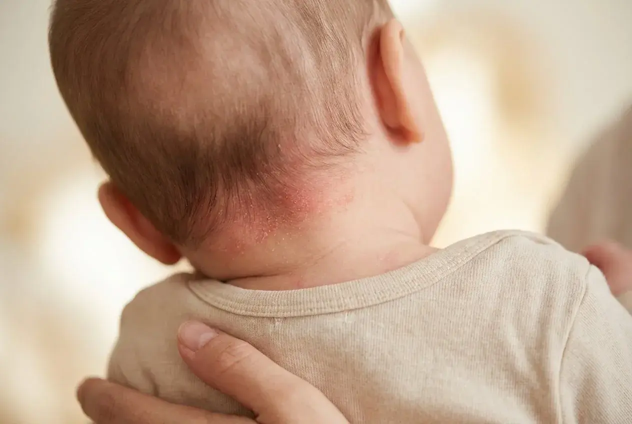 Rötungen und Schuppen am Nacken eines Babys, die auf trockene Kopfhaut hindeuten. Eltern suchen oft nach trockene kopfhaut hausmittel.