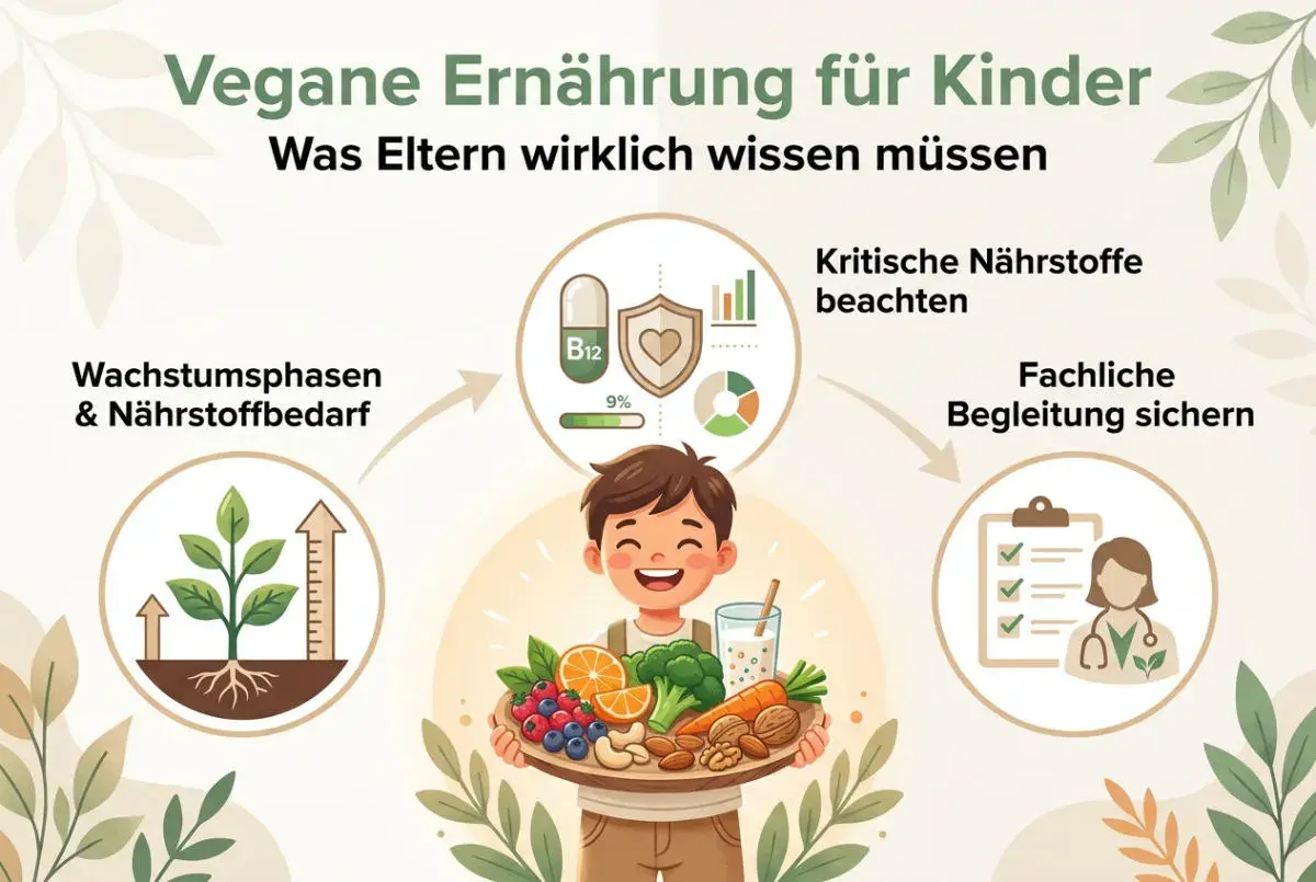 Ein lächelnder Junge hält eine Schüssel mit Obst und Gemüse. Die Grafik erklärt die vegane Ernährung für Kinder, betont kritische Nährstoffe und fachliche Begleitung für einen gesunden vegan baby.