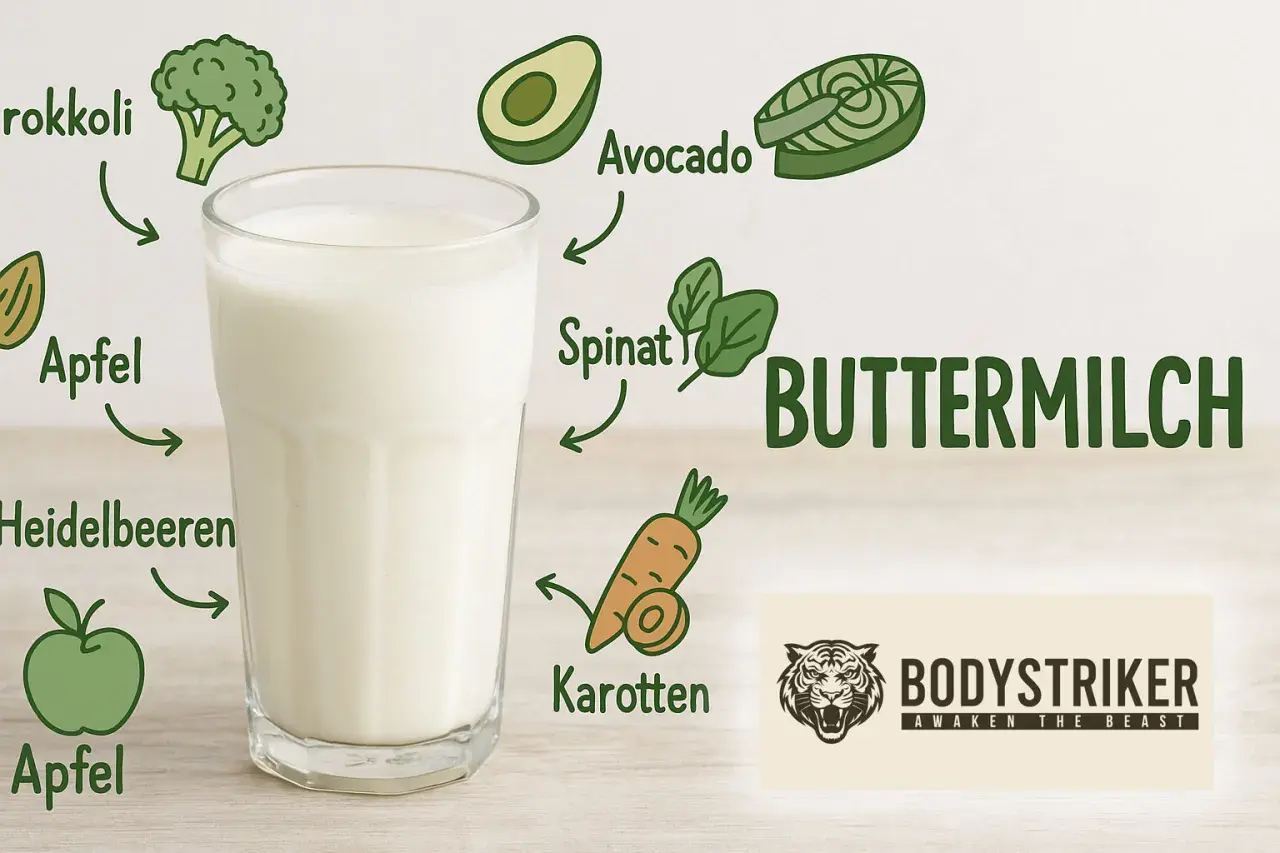 Ein Glas Buttermilch, umgeben von Illustrationen gesunder Lebensmittel wie Brokkoli, Apfel und Karotten. Ideal für ein Kleinkind.