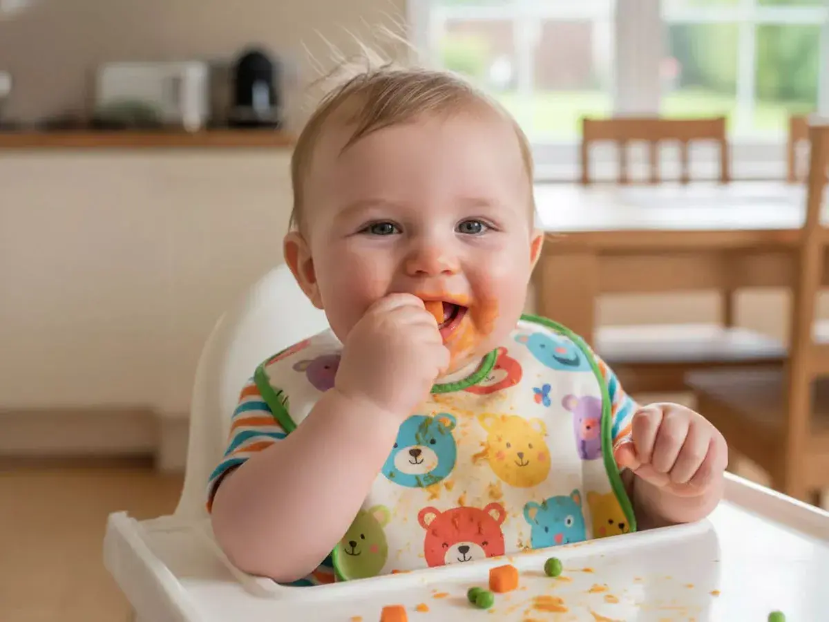 Ein 1-jähriges Kind mit Lätzchen isst Karottenstücke, obwohl es lieber gestillt wird.