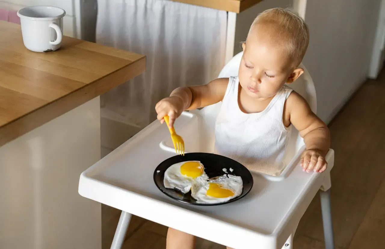 Kleines Kind im Hochstuhl versucht, Spiegeleier mit einer Gabel zu essen. Manche Eltern sehen dies als verbotene Lebensmittel im 2. Lebensjahr.