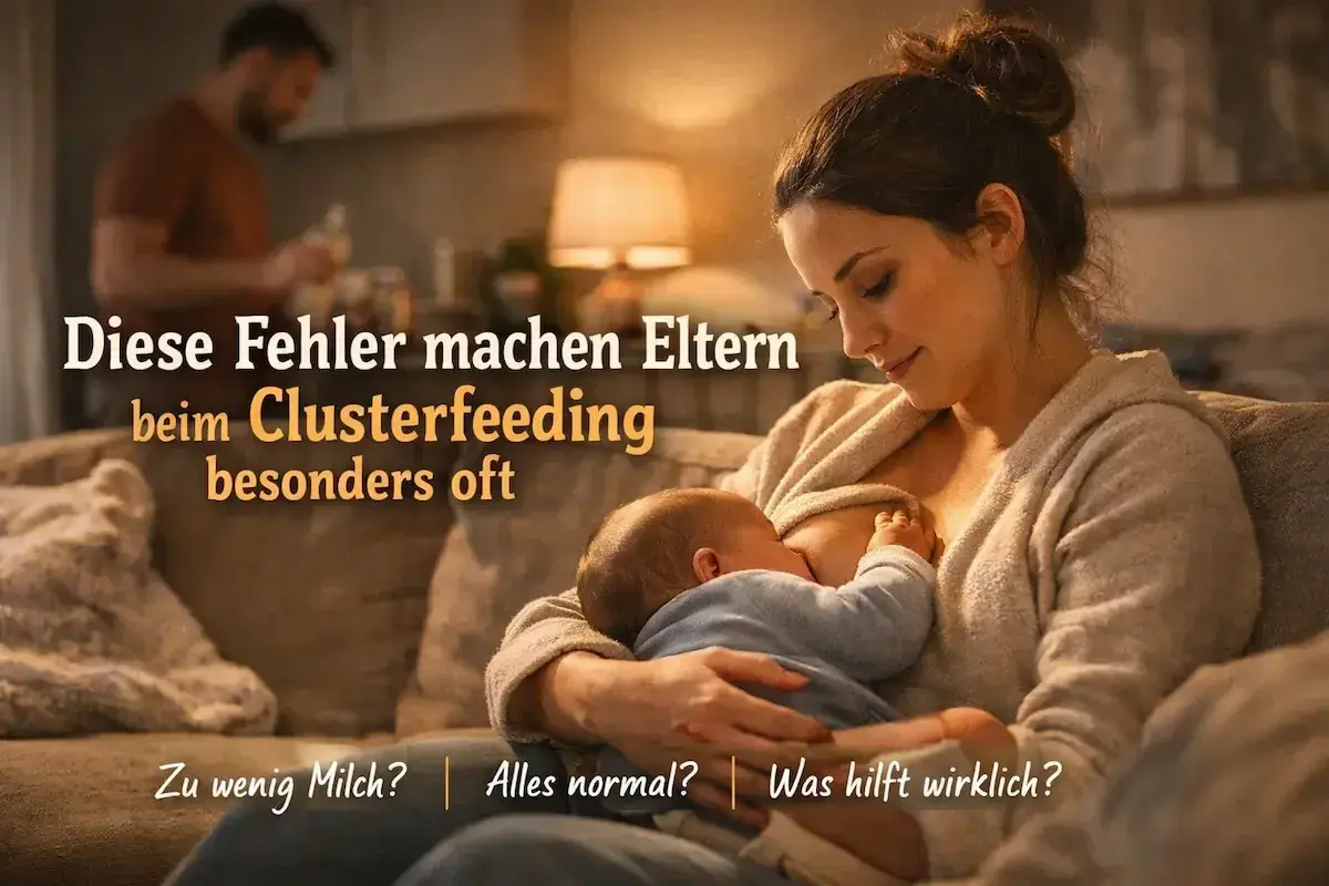 Eine Mutter stillt ihr Baby, das an ihrer Brust trinkt. Im Hintergrund ist ein Mann zu sehen. Der Text thematisiert häufige Fehler beim Clusterfeeding.