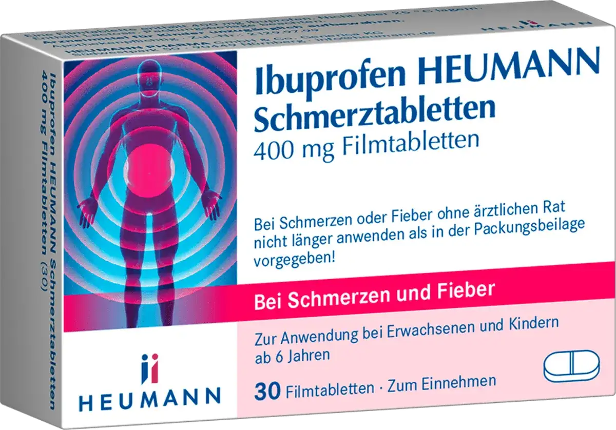 Ibuprofen HEUMANN Schmerztabletten 400 mg. Bei Schmerzen und Fieber. Stillzeit-Hinweis beachten.