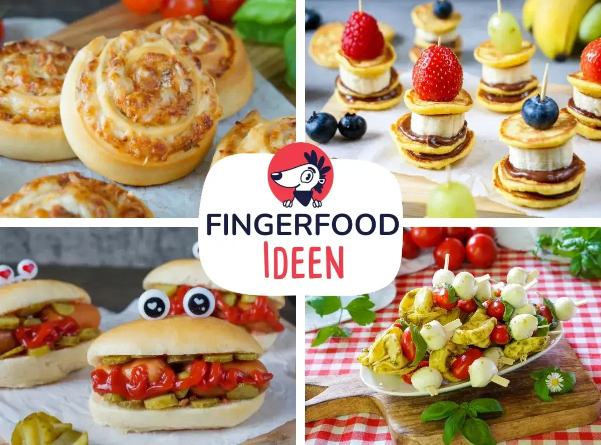 Leckere Ideen für schnell Fingerfood Kinder: Mini-Hotdogs mit lustigen Augen, süße Pfannkuchen-Spieße und Käseschnecken.