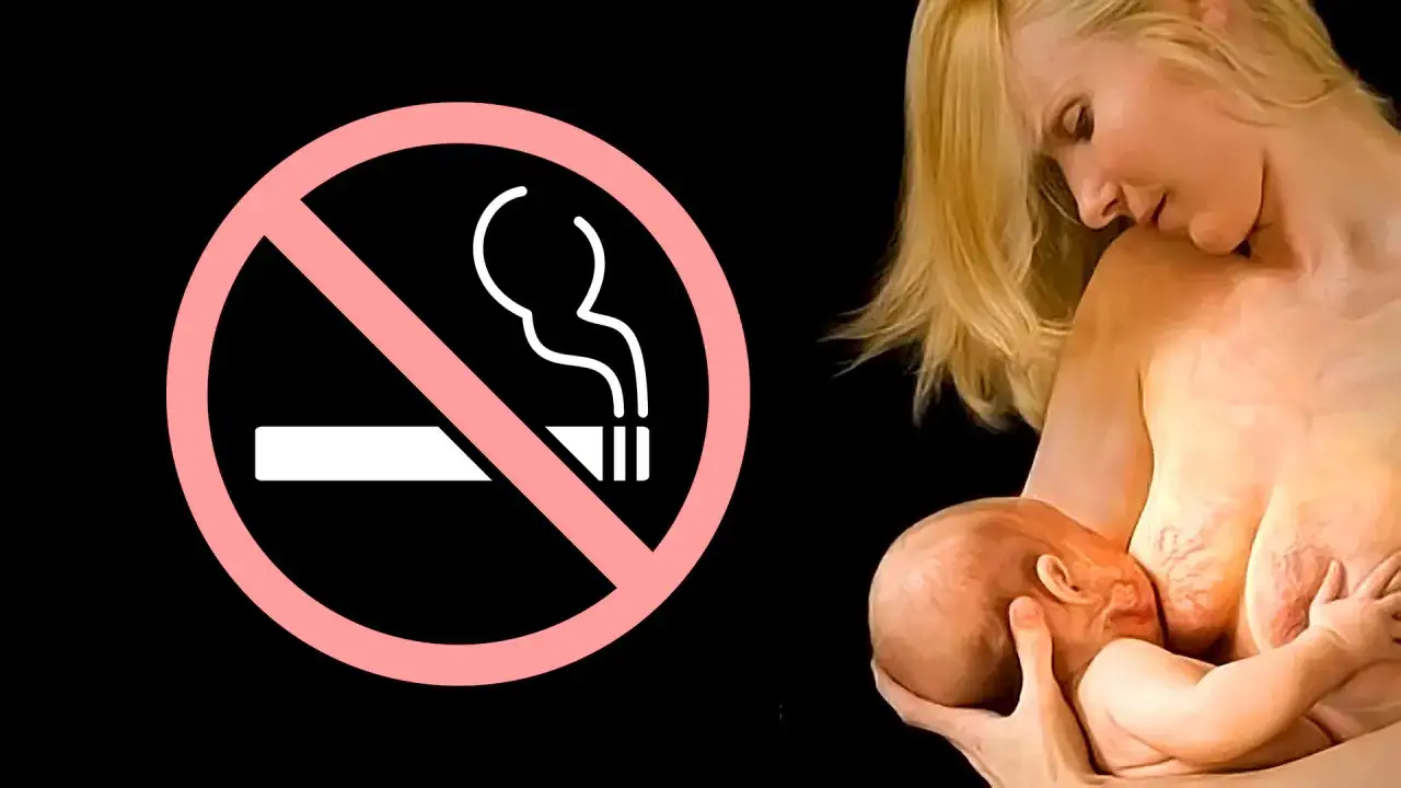 Rauchverbotsschild neben stillender Mutter. Nikotin in Muttermilch schadet dem Baby.