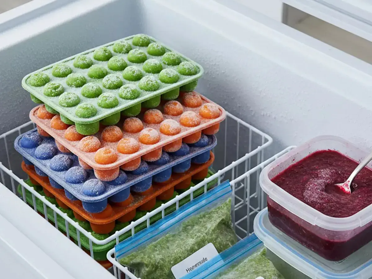 Gefrorene Portionen für Babybrei einkochen: Mehrere bunte Eiswürfelformen mit gefrorenem Brei stapeln sich in einem Gefrierschrank. Daneben ein Behälter mit rotem Brei.