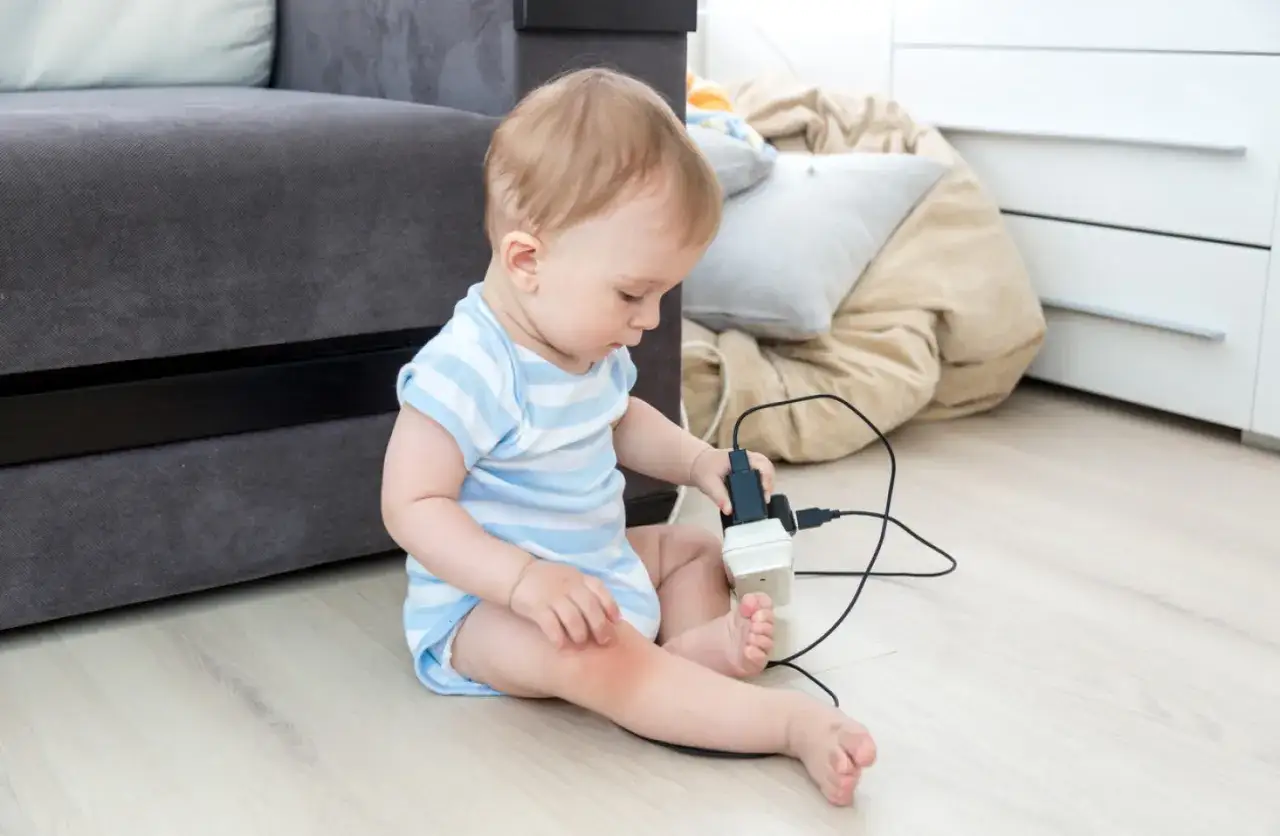 Baby mit 37 wochen schub spielt neugierig mit Steckdosenleiste und Kabeln. Gefahr!
