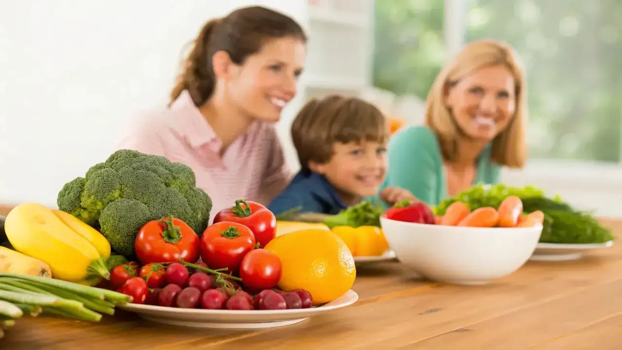 Familie mit frischem Obst und Gemüse auf einem Holztisch.