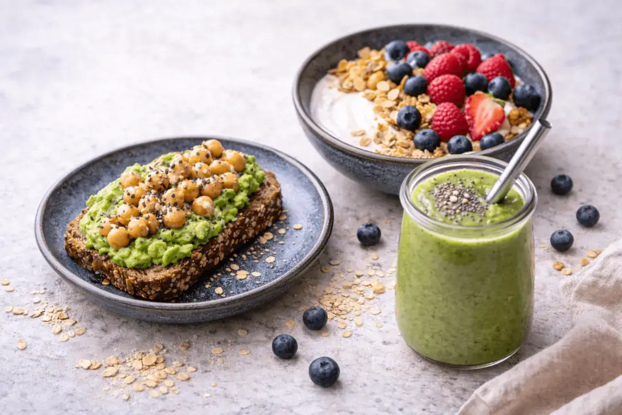 Gesundes Frühstück: Avocado-Toast mit Kichererbsen, Joghurt mit Beeren und Müsli, grüner Smoothie. Lebensmittel für die Milchbildung.