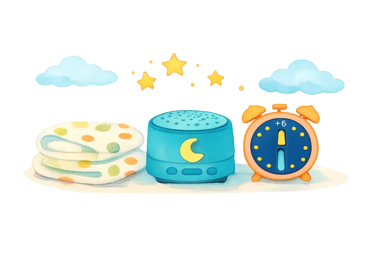 Ein gestapeltes Handtuch, ein Nachtlicht mit Mond und Sternen und ein Wecker. Perfekt für ein baby 2 wochen alt, um süße Träume zu haben.