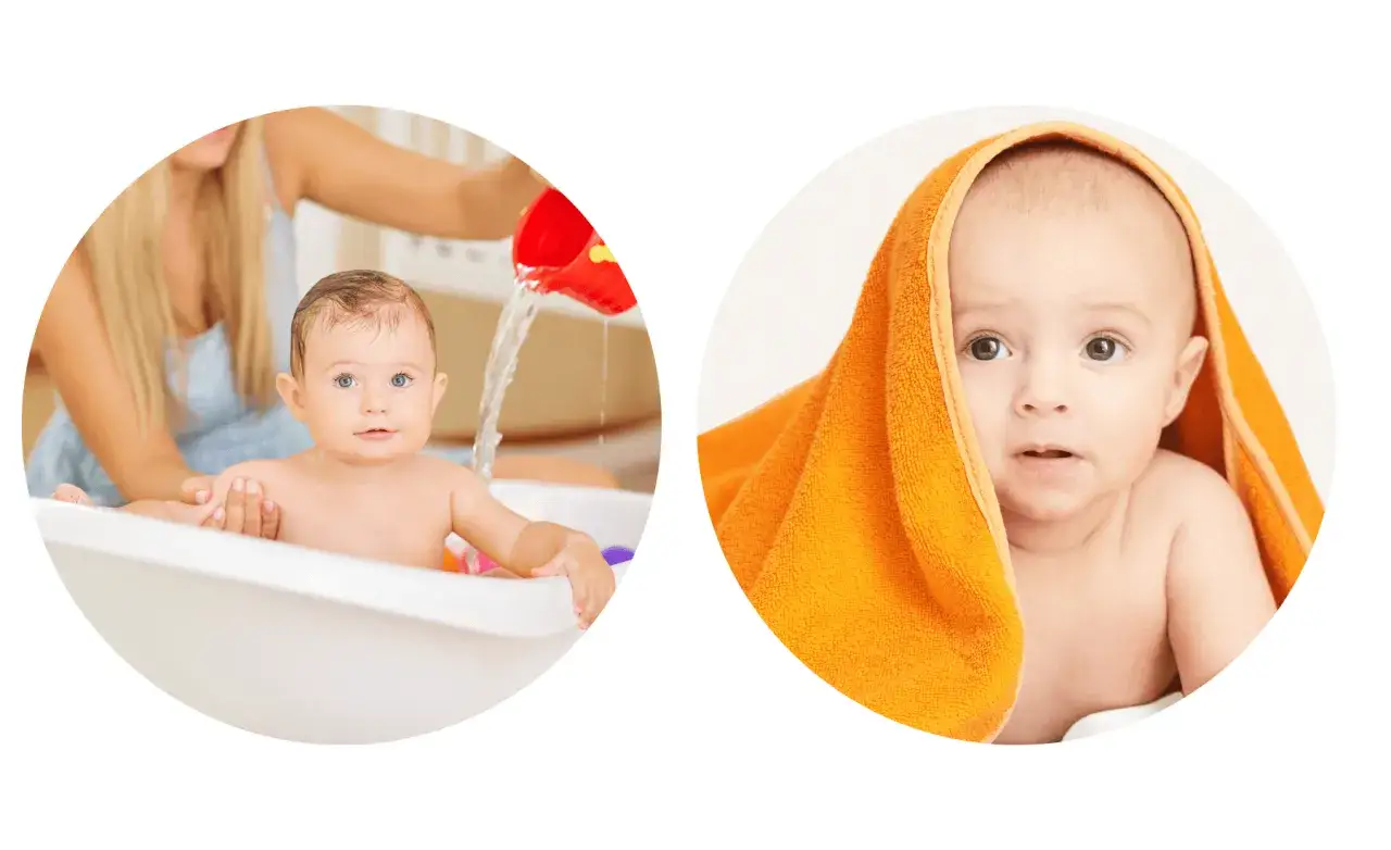 Ein Baby genie&szlig;t das duschen mit Baby in der Wanne, w&auml;hrend ein anderes Baby neugierig aus einem orangefarbenen Handtuch schaut.